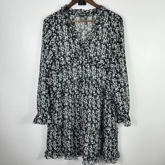 Express Black Floral Mini Dress Women M Cottagecore Coquette Fairy Romantic - Picture 1 of 5